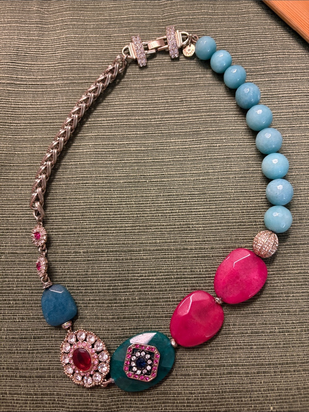 Bold Multicolor Gemstone Necklace in Pink, Teal & Light Blue